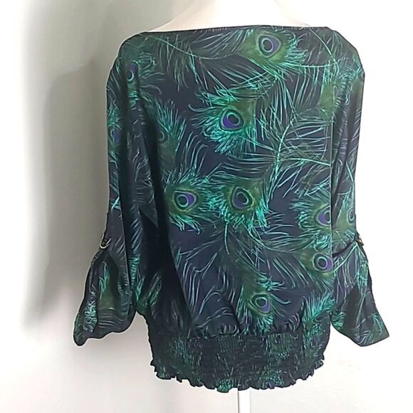 Michael Kors Green Peacock Blouse, Wide Elastic Waistband, Size Large - Picture 8 of 10
